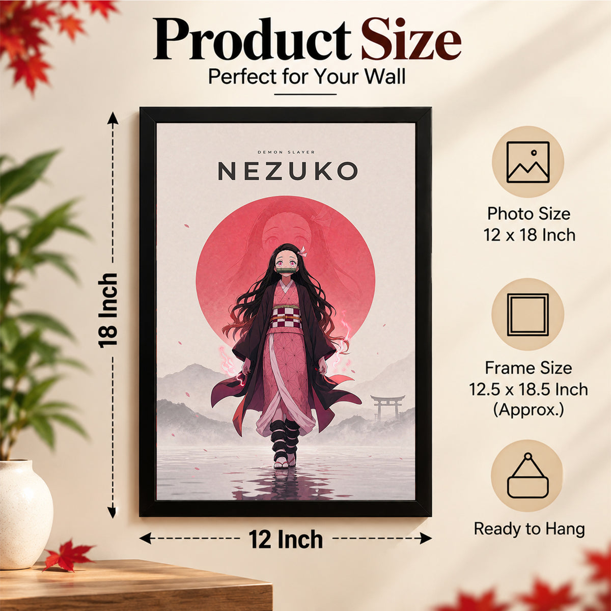 Nezuko Demon Slayer Wall Poster with Frame – 12 × 18 Inch Vibrant Artwork | Ready to Hang