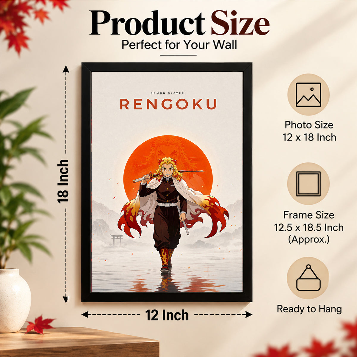 Rengoku Demon Slayer Wall Poster with Frame – 12 × 18 Inch Vibrant Artwork | Ready to Hang
