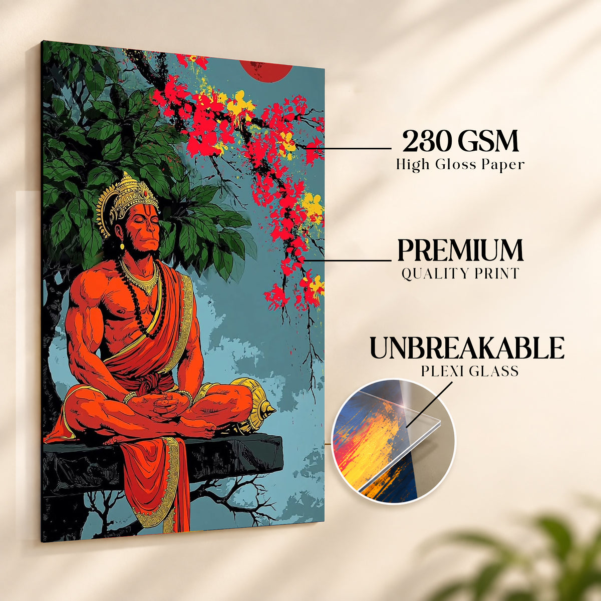 Hanuman Wall Poster with Frame – 12 × 18 Inch Vibrant Hanuman Artwork | Ready to Hang