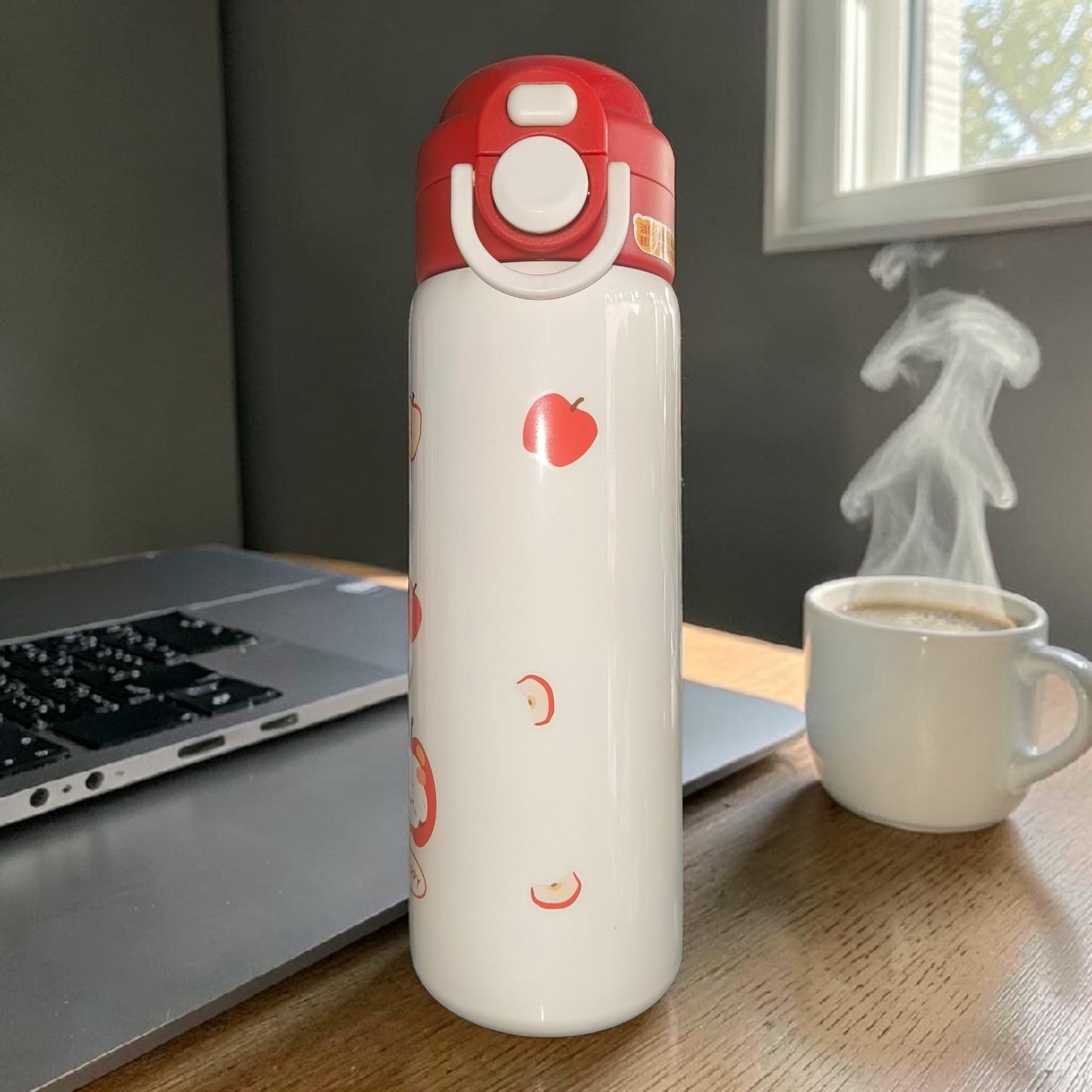 Red Apples Kids Insulated Water Bottle – Cute Pink Cartoon School Flask
