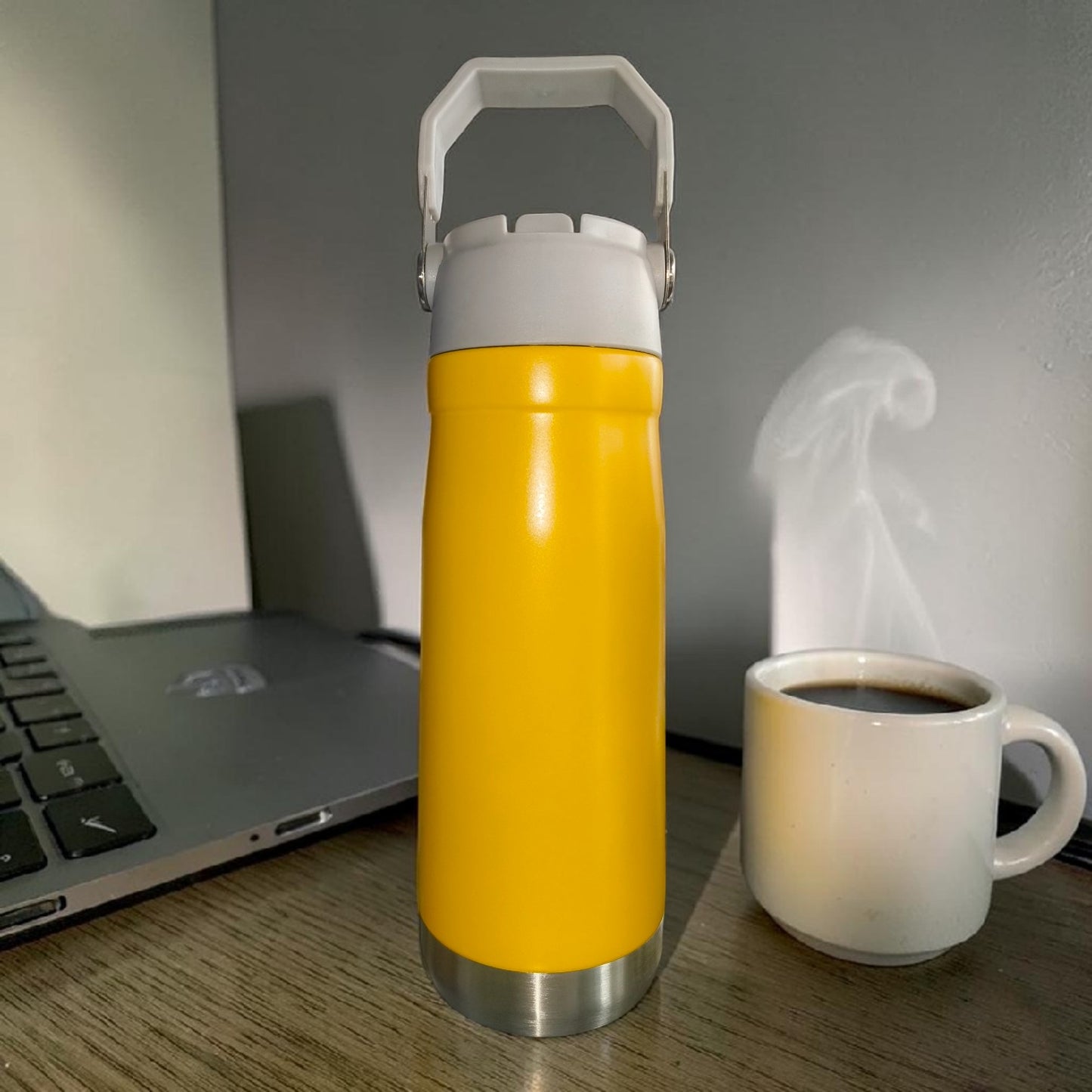 Matte Yellow Insulated Water Bottle with Carry Handle – Leakproof Stainless Steel Flask