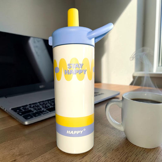 Stay Happy Pastel Insulated Water Bottle with Straw – Cute Minimalist Travel Flask