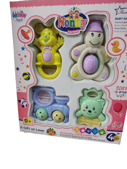 Musical Preschool Toy for Kids Rattling Toy Teether Set of 4 Bunny Rattle, Funny Juggler, Chuk-Chul Rattle and Minky Rattle, Multicolor Design Will be Random