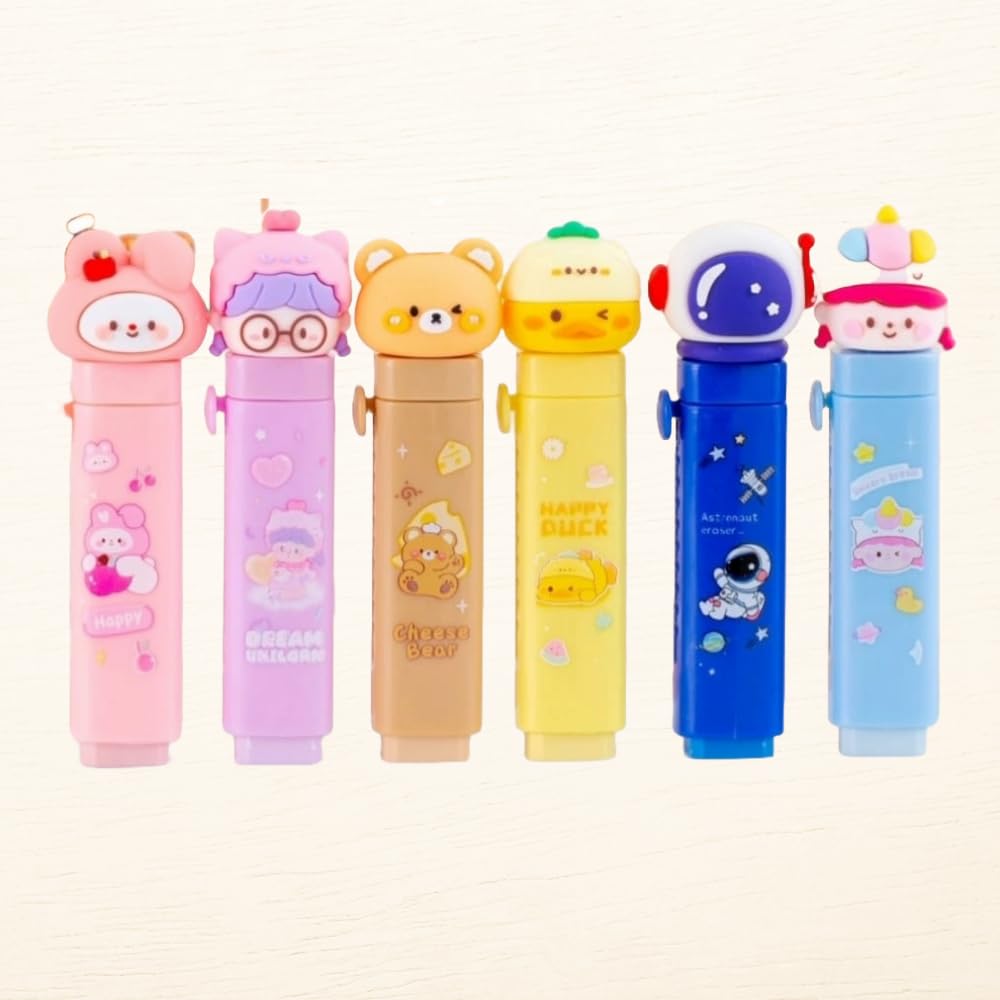 Space Theme Push Pull Pencil Eraser for Girls and Boys, Fancy Erasers for Kids, Cute Retractable Erasers with Protective Cases, Stationery Set (Pack of 1)