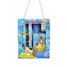 Kids Stationery Set, 6 Pieces, Cartoon Pencils, Rulers, Sharpeners, Erasers, Notebooks (Blue)
