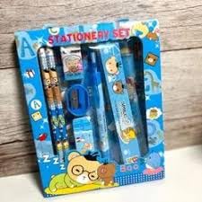Kids Stationery Set, 6 Pieces, Cartoon Pencils, Rulers, Sharpeners, Erasers, Notebooks (Blue)