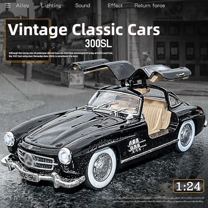 :24 SL300 Vintage Toy Car Classic Model Toy Car for Kids Diecast Metal Cars Light Sound Pullback Openable Door (Black)