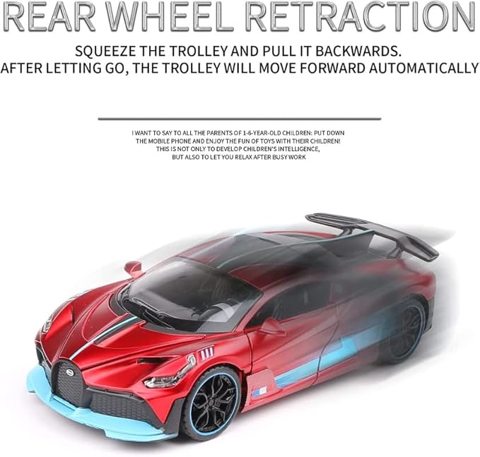 Red Colors Bugatti Divo New Die Cast Red Alloy Metal Pull Red Die-Cast Car Bugatti Diecast Metal Pullback Toy Car With Openable Doors & Light, Music Boys For Kids.