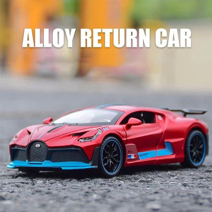 Red Colors Bugatti Divo New Die Cast Red Alloy Metal Pull Red Die-Cast Car Bugatti Diecast Metal Pullback Toy Car With Openable Doors & Light, Music Boys For Kids.