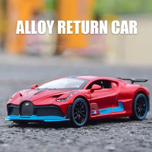 Red Colors Bugatti Divo New Die Cast Red Alloy Metal Pull Red Die-Cast Car Bugatti Diecast Metal Pullback Toy Car With Openable Doors & Light, Music Boys For Kids.