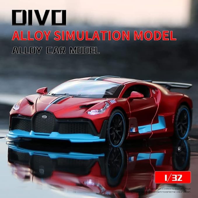 Red Colors Bugatti Divo New Die Cast Red Alloy Metal Pull Red Die-Cast Car Bugatti Diecast Metal Pullback Toy Car With Openable Doors & Light, Music Boys For Kids.