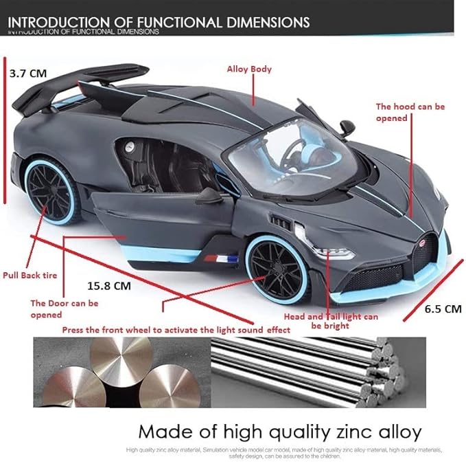 Red Colors Bugatti Divo New Die Cast Red Alloy Metal Pull Red Die-Cast Car Bugatti Diecast Metal Pullback Toy Car With Openable Doors & Light, Music Boys For Kids.