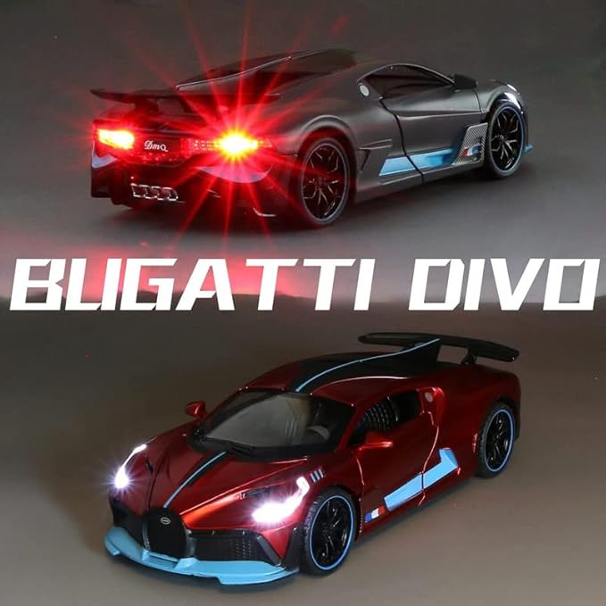Red Colors Bugatti Divo New Die Cast Red Alloy Metal Pull Red Die-Cast Car Bugatti Diecast Metal Pullback Toy Car With Openable Doors & Light, Music Boys For Kids.
