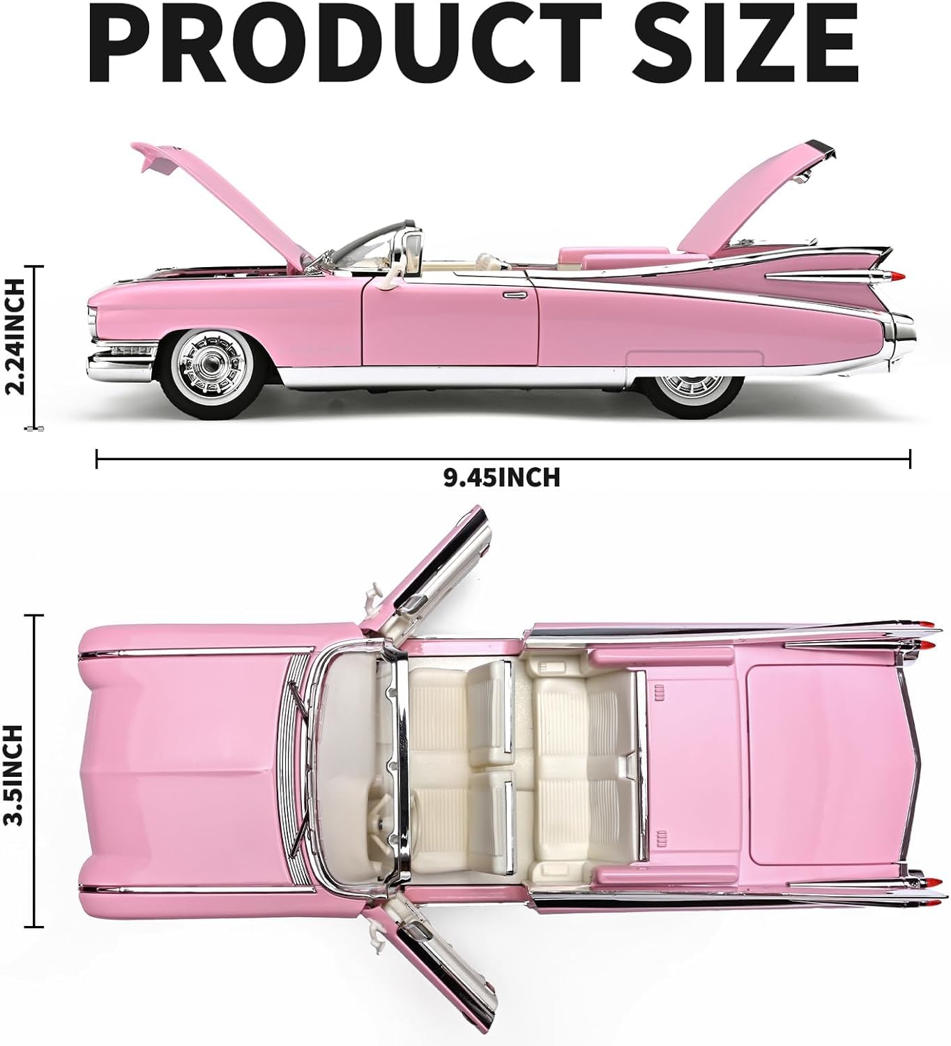 1:24 Scale Pink Classic Convertible Die-Cast Model Car | Opening Doors, Hood & Trunk | Premium Collectible Vintage Car