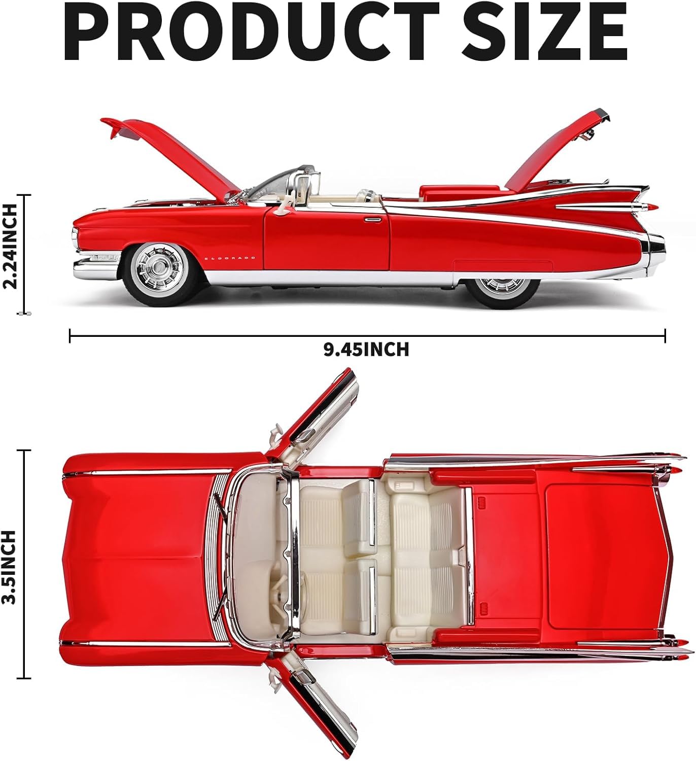 1:24 Scale Red Classic Convertible Die-Cast Model Car | Opening Doors, Hood & Trunk | Premium Collectible Vintage Car