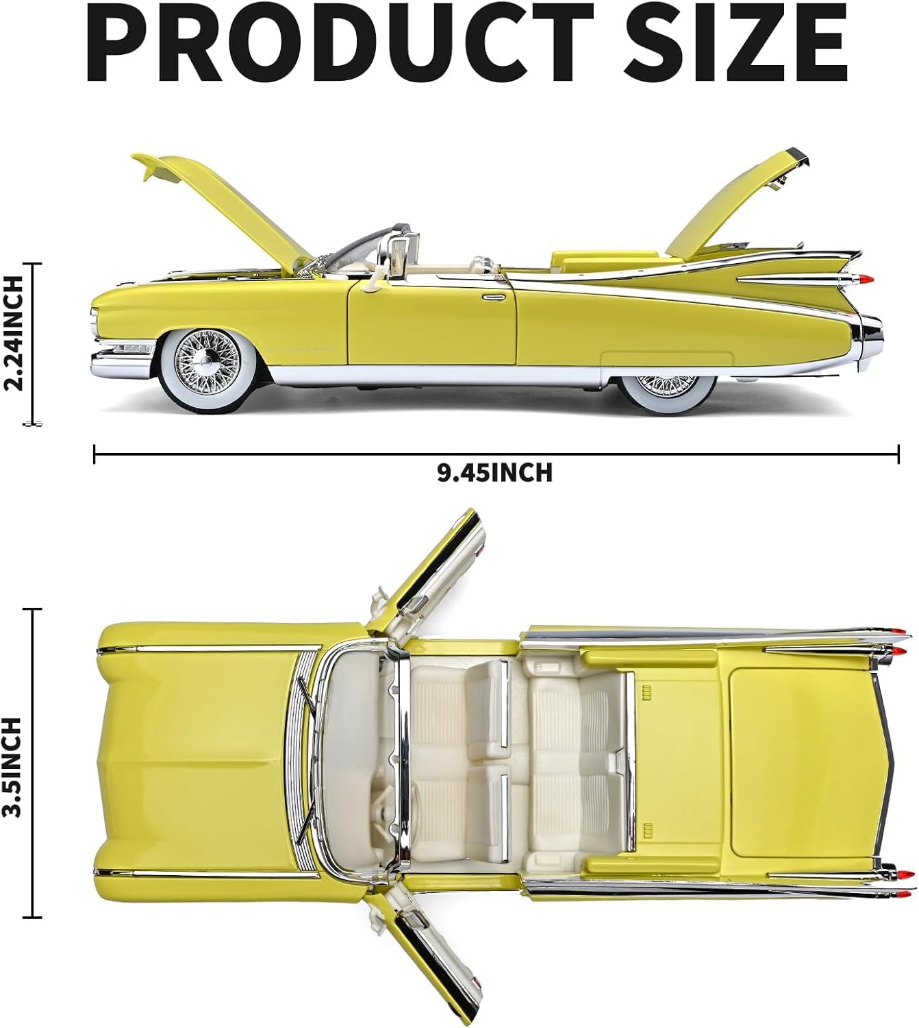 1:24 Scale Yellow Classic Convertible Die-Cast Model Car | Opening Doors, Hood & Trunk | Premium Collectible Vintage Car