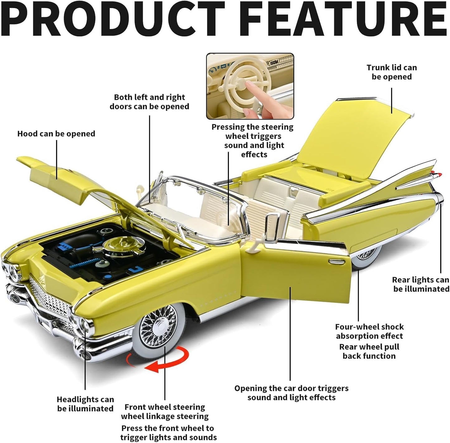 1:24 Scale Yellow Classic Convertible Die-Cast Model Car | Opening Doors, Hood & Trunk | Premium Collectible Vintage Car