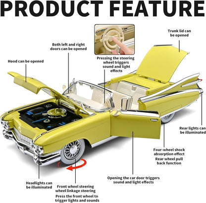 1:24 Scale Yellow Classic Convertible Die-Cast Model Car | Opening Doors, Hood & Trunk | Premium Collectible Vintage Car