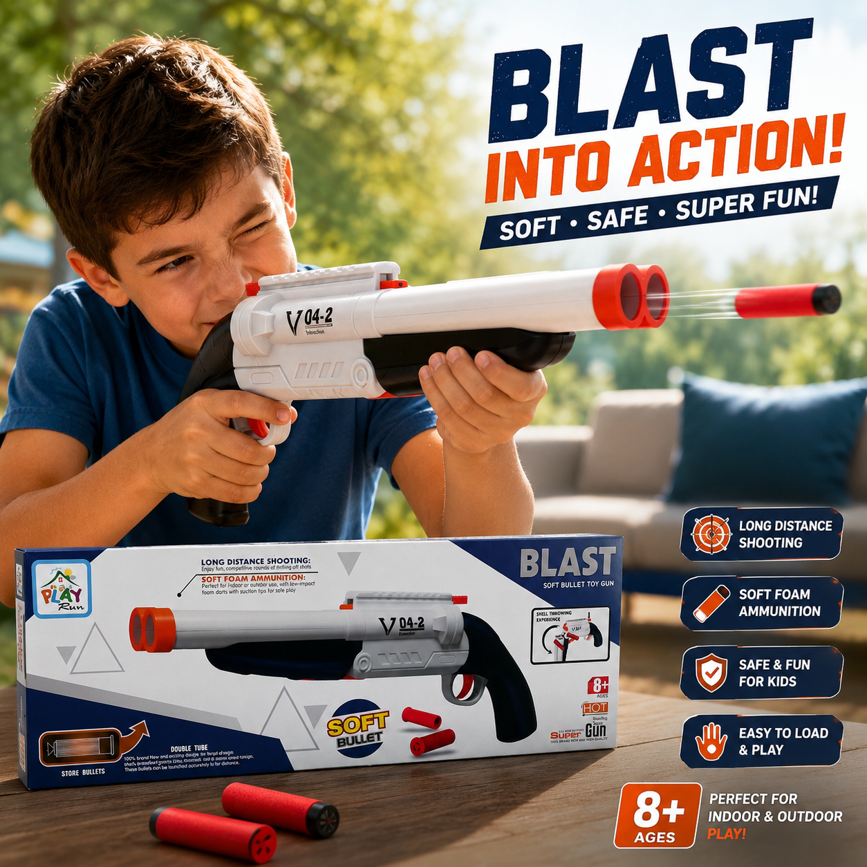 Play Run Blast Soft Bullet Toy Gun – Double Barrel Foam Dart Blaster for Kids