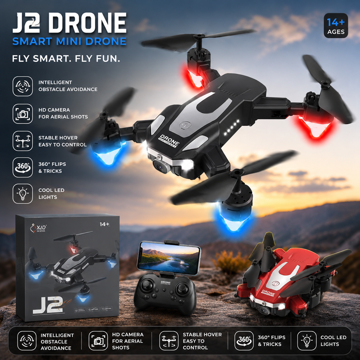 J2 Smart Mini RC Drone with HD Camera, Obstacle Avoidance & LED Lights
