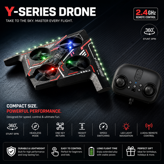 Y-Series Mini RC Drone with 2.4GHz Remote Control, LED Lights & 360° Stunt Spin