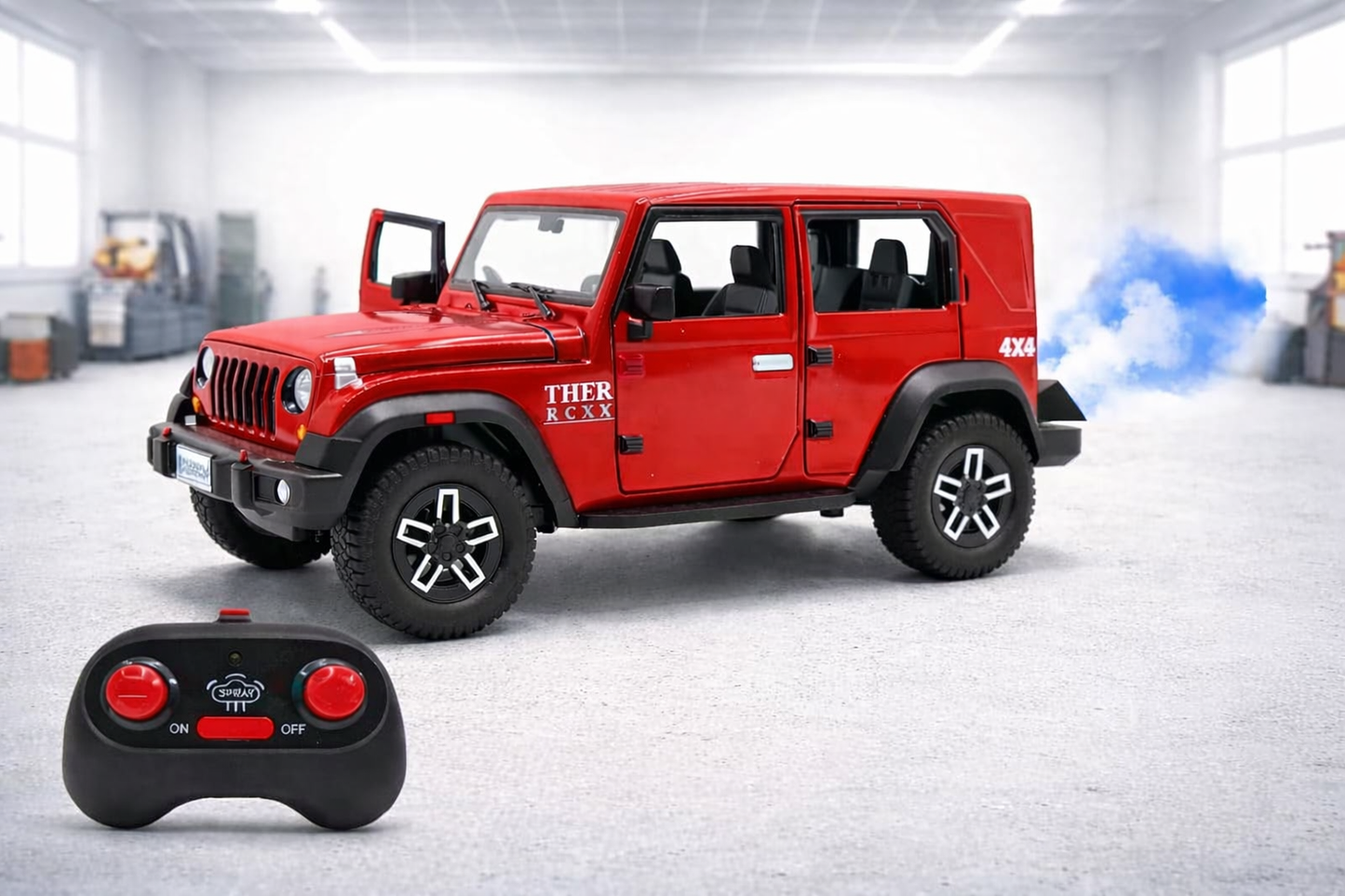 Remote Control Thar Die Cast (1.22) with Spray Smoke – Open Door RC Jeep Toy (Rechargeable)