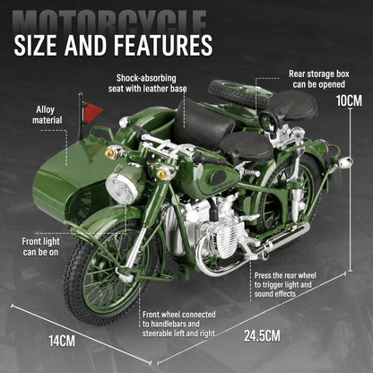 1:10 Scale Die-Cast Military Green Sidecar Motorcycle Model (Alloy Collectible)