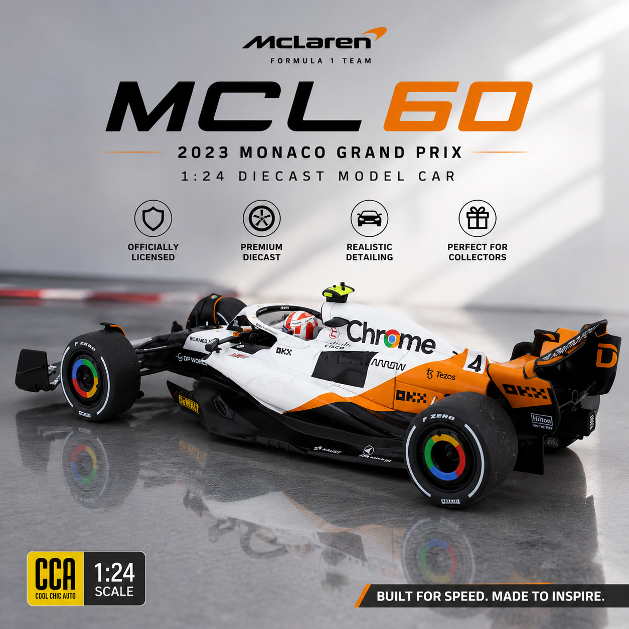CCA 1:24 McLaren MCL60 Formula 1 Diecast Model Car – 2023 Monaco GP Lando Norris Edition