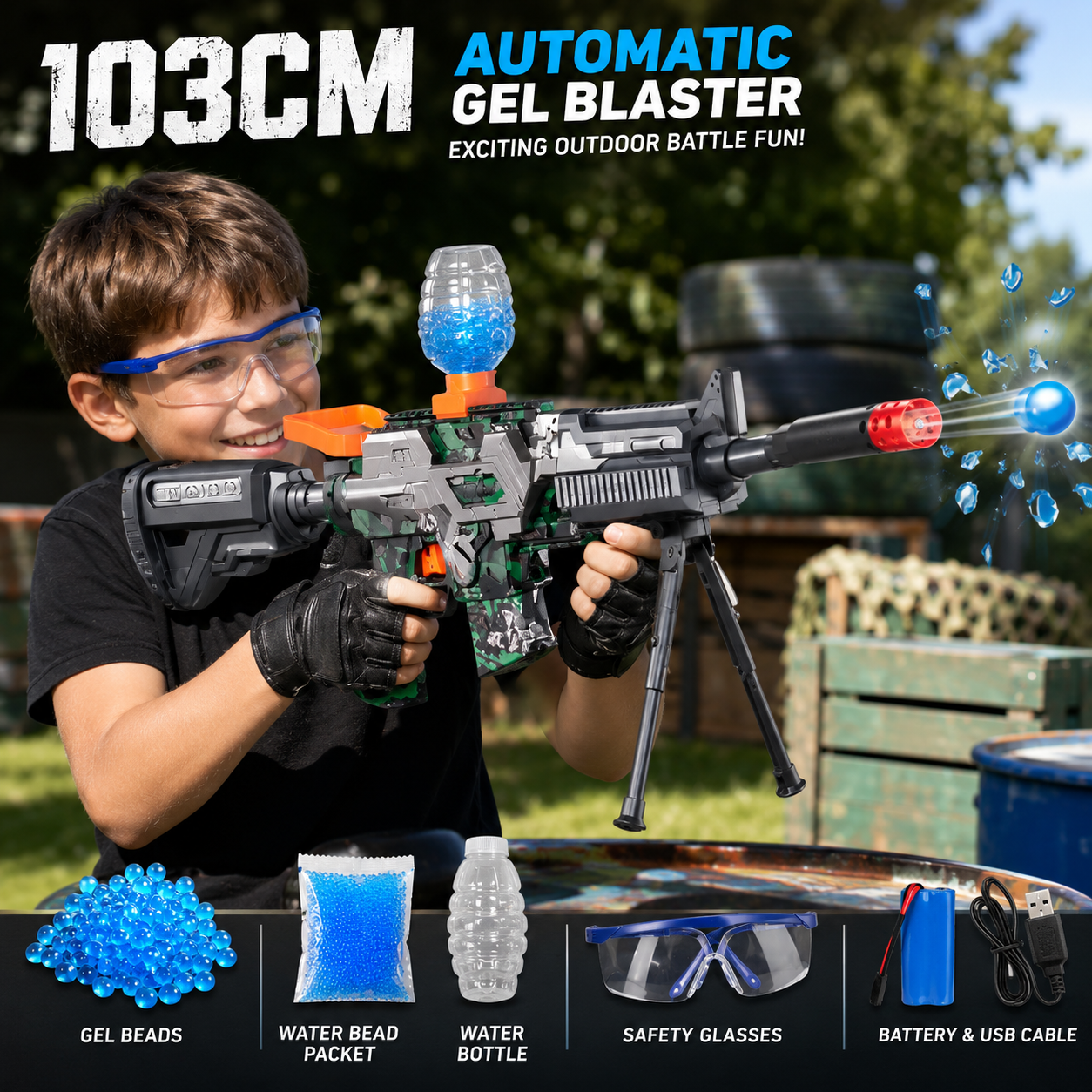 M416 Gel Blaster Gun Toy – 103 CM Automatic Water Beads Blaster with Battery & Safety Glasses