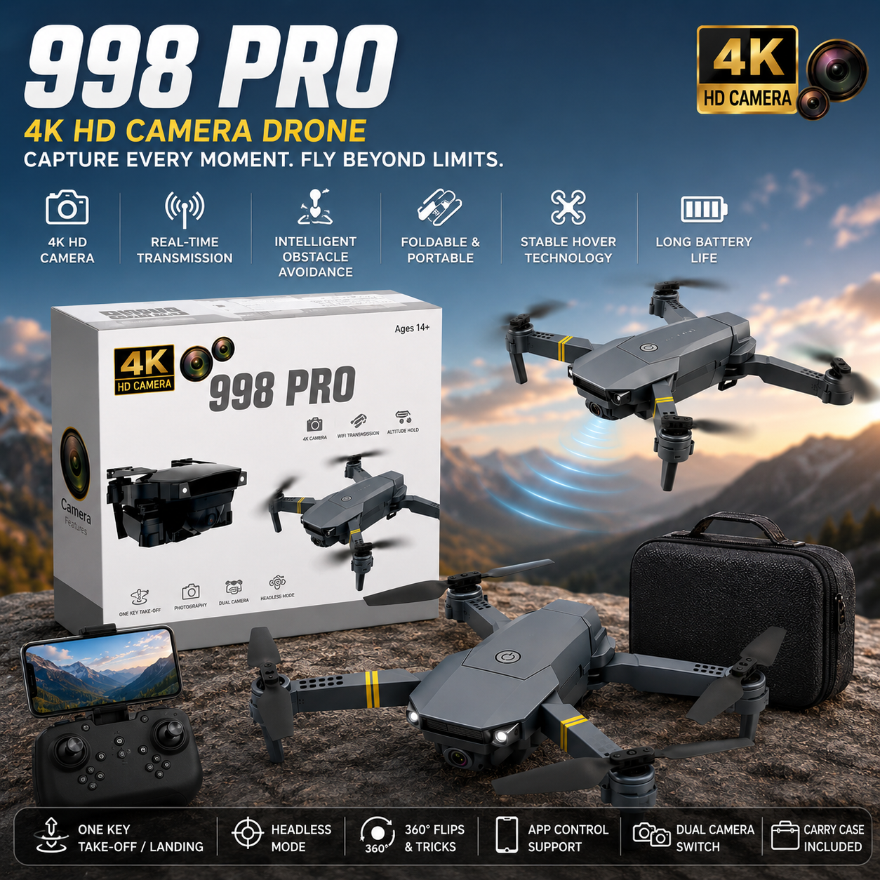 998 PRO 4K HD Camera Drone with Dual Camera, Foldable Design & Obstacle Avoidance