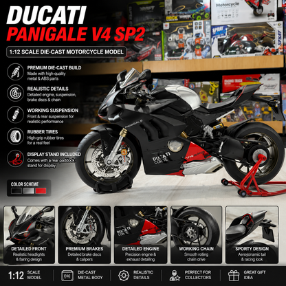 Ducati Panigale V4 SP2 Diecast Superbike Model – Premium Sports Bike Collectible with Racing Stand (Black/Silver)