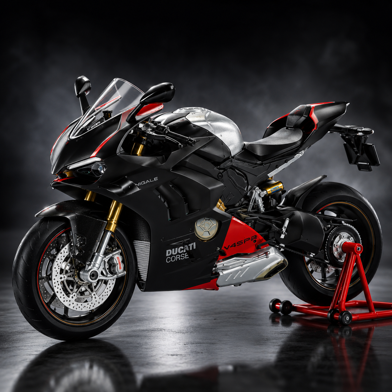 Ducati Panigale V4 SP2 Diecast Superbike Model – Premium Sports Bike Collectible with Racing Stand (Black/Silver)