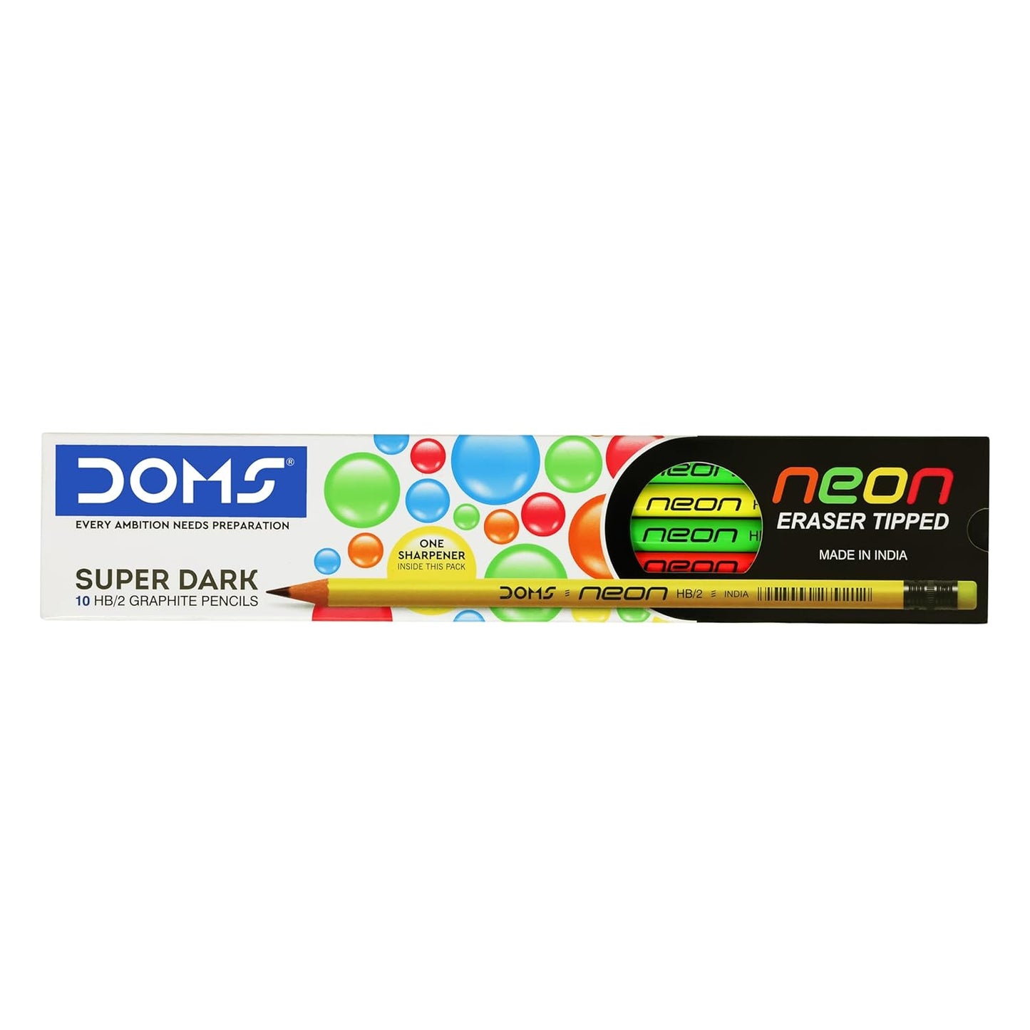DOMS Neon Rubber Tipped HB/2 Graphite Pencils – Pack of 10 with Sharpener