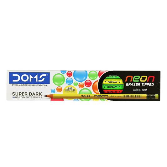 DOMS Neon Rubber Tipped HB/2 Graphite Pencils – Pack of 10 with Sharpener