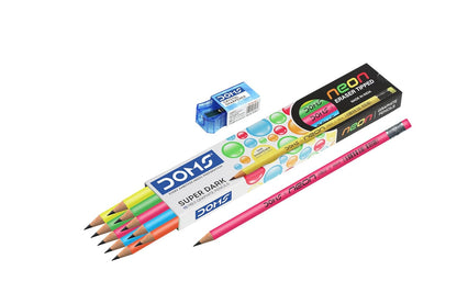 DOMS Neon Rubber Tipped HB/2 Graphite Pencils – Pack of 10 with Sharpener