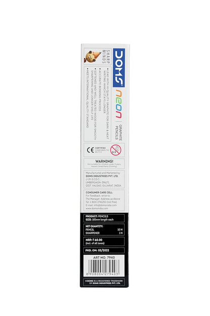 DOMS Neon Rubber Tipped HB/2 Graphite Pencils – Pack of 10 with Sharpener