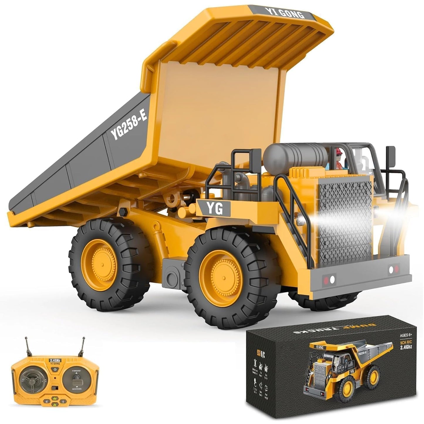 Mining Dump Truck Toy for Kids | 2.4GHz Remote Control Construction Vehicle | Rechargeable Heavy Duty Engineering Truck with LED Lights & Tilting Cargo Bed