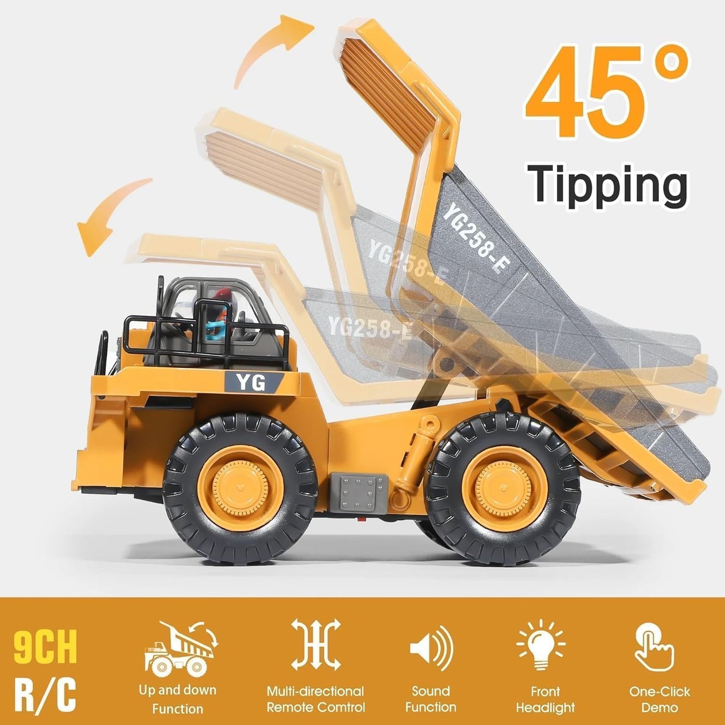 Mining Dump Truck Toy for Kids | 2.4GHz Remote Control Construction Vehicle | Rechargeable Heavy Duty Engineering Truck with LED Lights & Tilting Cargo Bed
