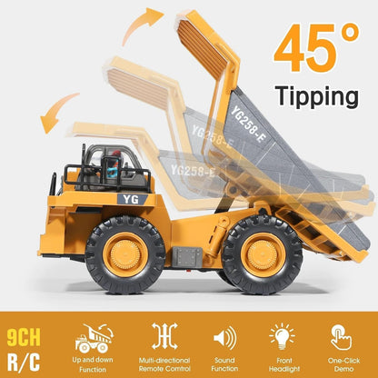 Mining Dump Truck Toy for Kids | 2.4GHz Remote Control Construction Vehicle | Rechargeable Heavy Duty Engineering Truck with LED Lights & Tilting Cargo Bed