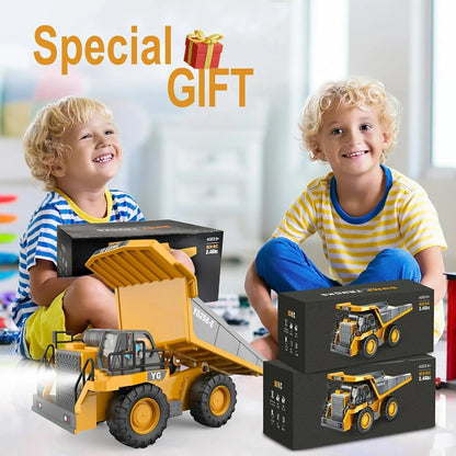 Mining Dump Truck Toy for Kids | 2.4GHz Remote Control Construction Vehicle | Rechargeable Heavy Duty Engineering Truck with LED Lights & Tilting Cargo Bed