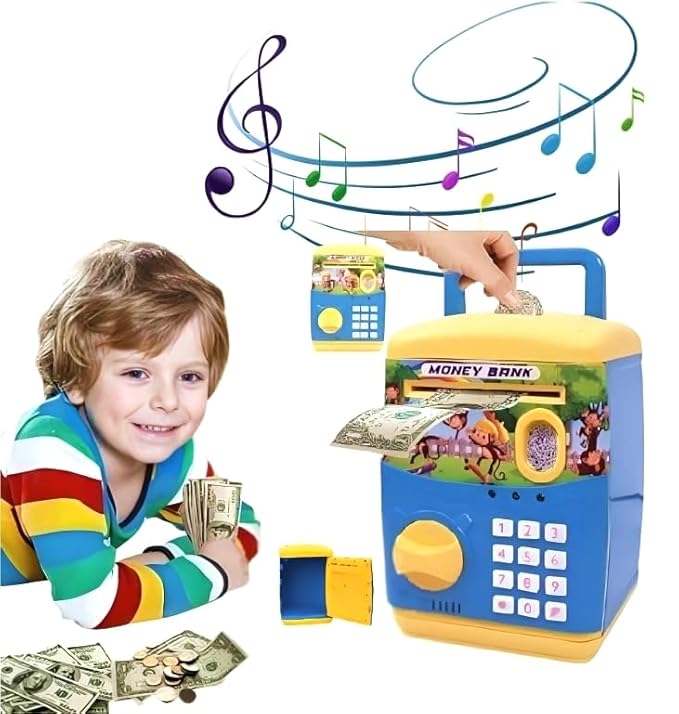 Money Bank ATM Machine for Kids with Finger Print Sensor Piggy Savings Classic Bank with Electronic Lock Password for Kids with Indian Music. Assorted Colours