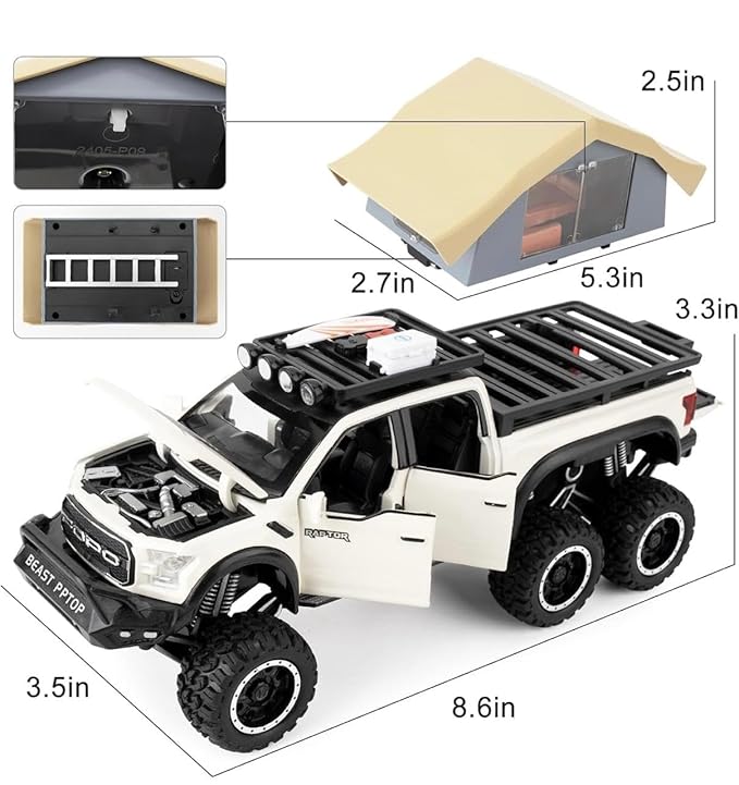 1:24 Ford F-150 Raptor Diecast Pickup Truck – Metal Model Toy Car with Sound & Light | Pullback Action for Kids & Collectors