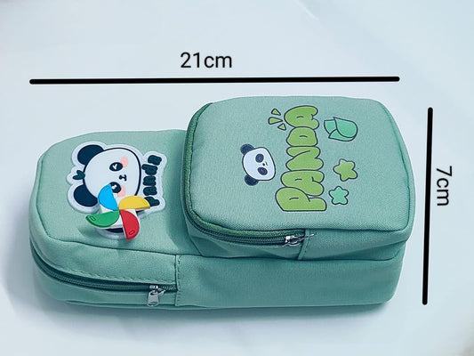 Panda Green Premium Pencil Case – 2-Compartment Hangable Pouch for Kids