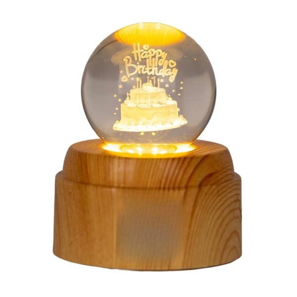 Crystal Ball Night Light with LED Base | 3D Rotating Happy Birthday Cake