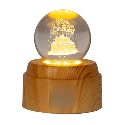 Crystal Ball Night Light with LED Base | 3D Rotating Happy Birthday Cake
