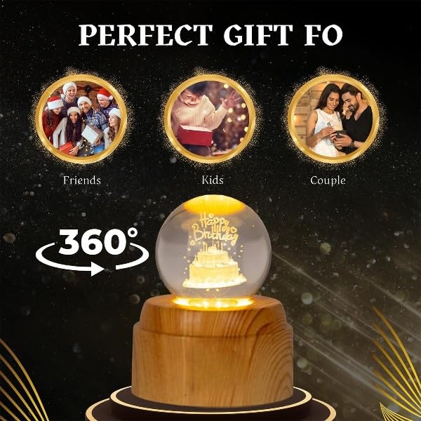 Crystal Ball Night Light with LED Base | 3D Rotating Happy Birthday Cake