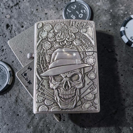 Skull Poker King Metal Lighter – Vintage Silver Refillable Edition