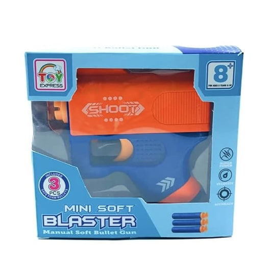 Mini Soft Blaster Toy Gun with 3 Foam Bullets, Manual Operation, Safe Long Range Shooting, Blue-Orange.