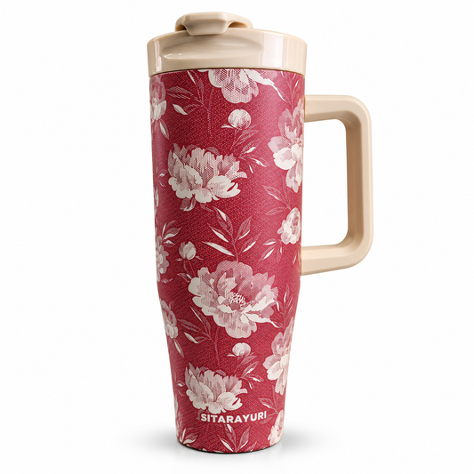 Elegant Flower Print Tumbler with Lid & Handle - 1.18 L