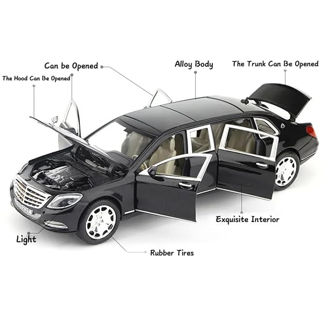 1:24 Scale Big Size Mercedes Maybach GLS600 Toy Car | Metal Diecast Car for Kids with Openable Doors, Sound, Light Effects (Black)